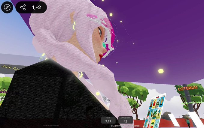 A 3D virtual environment screenshot showing a stylized anime-style character in a white hood, with UI elements showing 'TIME 7:17', 'CARDS LEFT 42', and a 'LOTERIA!' sign in the background.