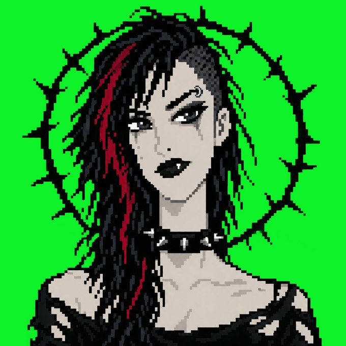 A pixel art portrait of a gothic-style woman with black hair featuring a red streak, dark lipstick, and a spiked choker, set against a bright green background with a thorny circular frame.