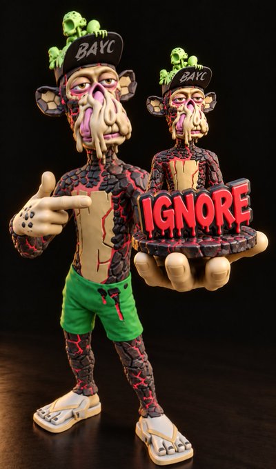 A figurine of a grotesque, melting-faced character wearing a 'BAYC' cap, green shorts, and white sneakers, holding a smaller figure and a sign that reads 'IGNORE'.