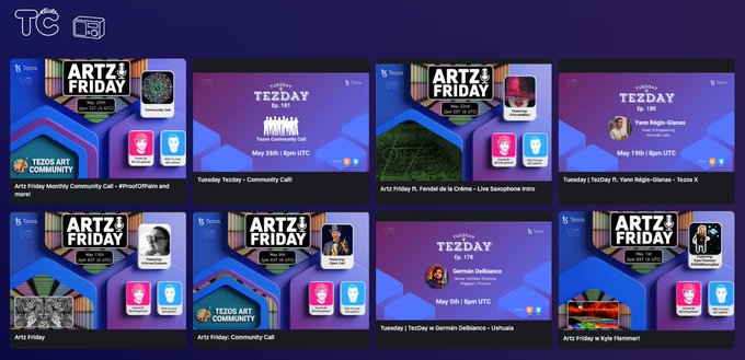 The image shows a grid of six different posts or videos, each with a unique title and description. The posts cover various topics such as arts, fridays, and tezdays. The posts are arranged in a grid format, making it easy for viewers to navigate through the content. The post titled "Tezos community keeps showing up" suggests that there is an ongoing conversation or discussion related to the Tezos platform among its users. This information can be helpful for those interested in learning more about the platform and engaging with others who share similar interests.