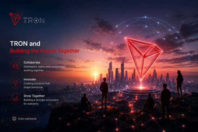 A promotional graphic for TRON network featuring a cityscape at sunset with a glowing red TRON diamond logo and text reading 'TRON and Building the Future Together', 'Collaborate', 'Innovate', 'Grow Together', and 'tron.network'.