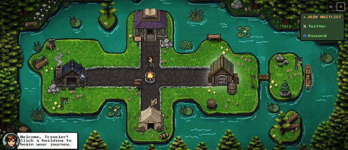 A top-down 2D video game scene shows a character standing on a crossroads between buildings, with a 'JOIN WAITLIST' menu and a dialogue box saying 'Welcome, Traveler!'.