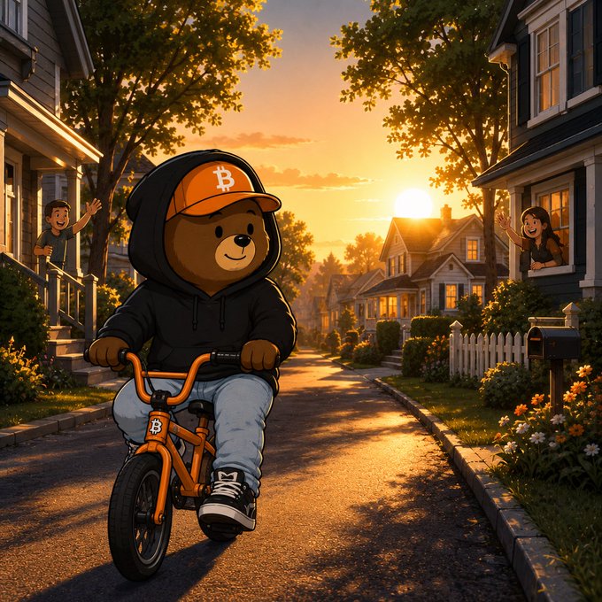 A cartoon-style illustration of a bear character wearing an orange Bitcoin (₿) cap and black hoodie riding a small bike down a suburban street at sunset, with people waving from nearby houses.