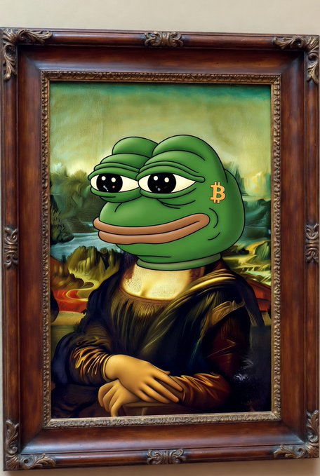A framed digital artwork parodying the Mona Lisa, featuring a figure with a green Pepe the Frog head, sleepy eyes, and a Bitcoin symbol on its cheek, set against a landscape reminiscent of the original painting.