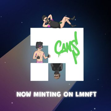 Promotional graphic for a CryptoPunks-inspired NFT collection featuring cartoon characters arranged around a large "F" with green graffiti text "CAMP" overlay, set against a starry space background, announcing "NOW MINTING ON LMNFT" for the project's live mint event and Orbis verification reveal.