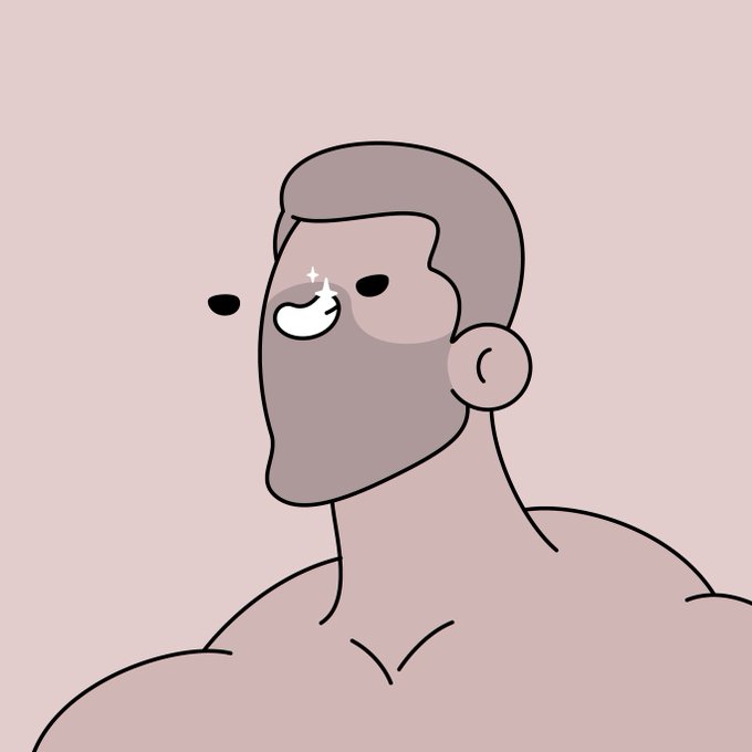 A minimalist cartoon illustration of a shirtless man with a beard, looking up with sparkling eyes and a small smile against a pink background.