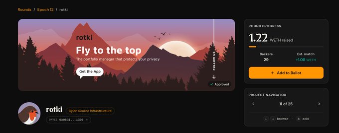 A project page for 'rotki' displayed on a funding platform, showing the tagline 'Fly to the top - The portfolio manager that protects your privacy', round progress of 1.22 WETH raised, 29 backers, and an 'Add to Ballot' button.