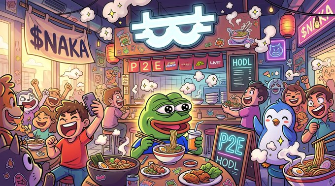 A lively meme-style scene shows Pepethe Frog enjoying ramen at a bustling noodle shop surrounded by cheering crypto fans, with visible signs reading "$NAKA," "P2E," "HODL," "PZE," and "LYMT." The festive crowd, steaming bowls, and "HODL" chalkboard capture the "GM Warriors" celebratory spirit of another round of play-to-earn rewards.