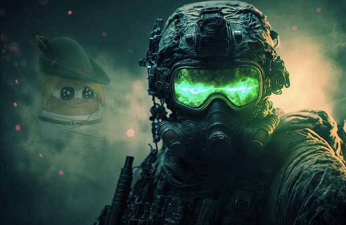 A dramatic image of a soldier wearing tactical gear with glowing green night vision goggles, with a small cartoon character resembling a ninja cowgirl floating to the left.