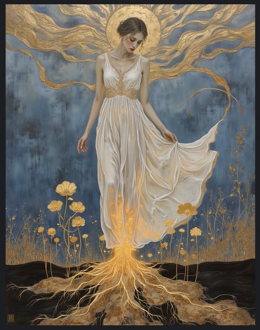 The image shows a digital painting of a serene woman in a flowing white gown, set against a deep blue background with golden branches radiating above her and golden flowers blooming below. Her gown transitions into golden roots that extend into the earth, visually embodying the title "Rooted in Light" as she connects sky and soil through her illuminated form.