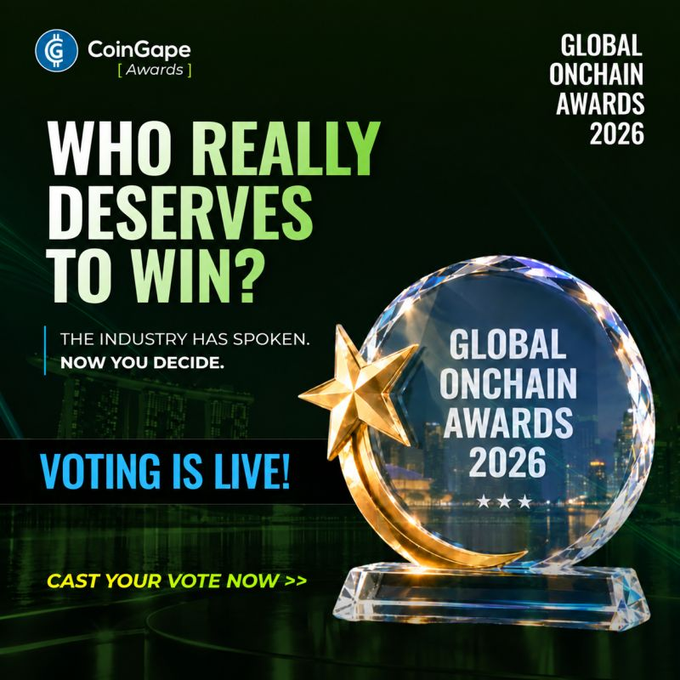 A promotional graphic for CoinGape's Global Onchain Awards 2026, featuring text like 'WHO REALLY DESERVES TO WIN?', 'THE INDUSTRY HAS SPOKEN. NOW YOU DECIDE.', 'VOTING IS LIVE!' and 'CAST YOUR VOTE NOW >>' alongside a crystal and gold trophy.