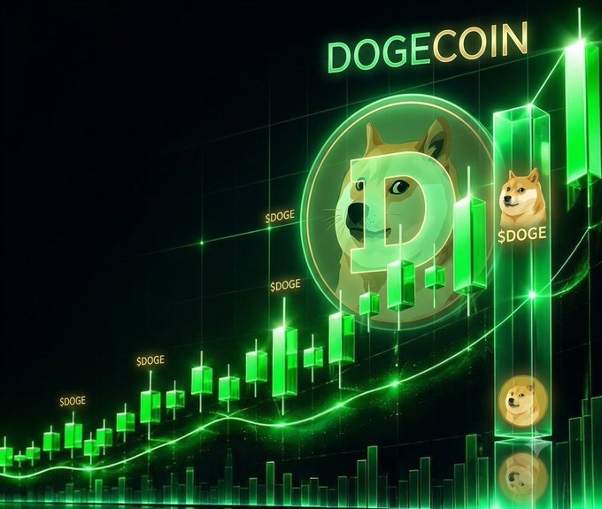 A glowing green candlestick chart shows an upward Dogecoin (DOGE) price trend, featuring the Shiba Inu mascot and "$DOGE" labels, visually reinforcing the post's message about whale accumulation and bullish momentum despite recent market dips.