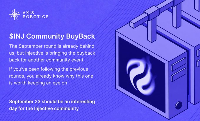 A blue promotional graphic from 'AXIS ROBOTICS' announcing a '$INJ Community BuyBack' event for Injective, with an illustration of a digital payment terminal.
