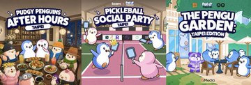 Three vertical banners for 'Pudgy Penguins' events: 'After Hours DAO', 'Pickleball Social Party', and 'The Penguin Garden Papercraft', featuring various cartoon penguin characters.