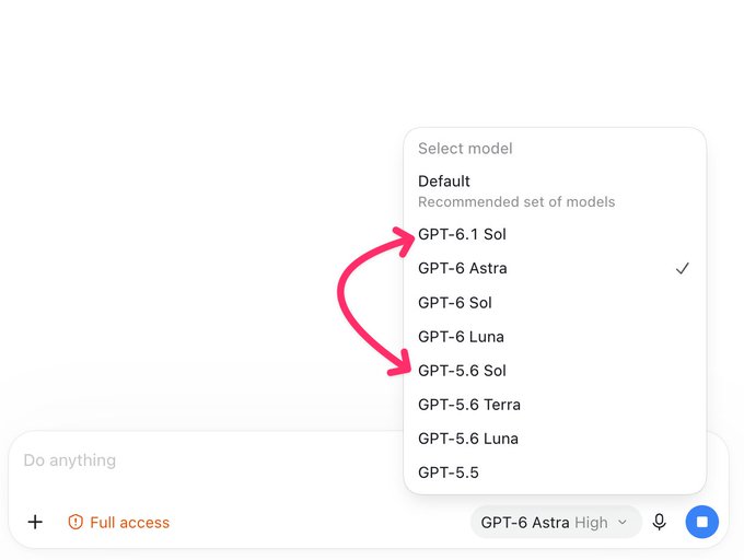 A model selection dropdown menu listing options like Default, GPT-6.1 Sol, GPT-6 Astra, and GPT-5.6 Sol, with pink arrows pointing to specific entries.