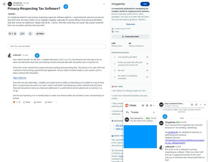 A Reddit post from r/CryptoTax titled 'Privacy-Respecting Tax Software?' features a response from 'LeffenJP' recommending a self-hosted bitcoin tax solution.