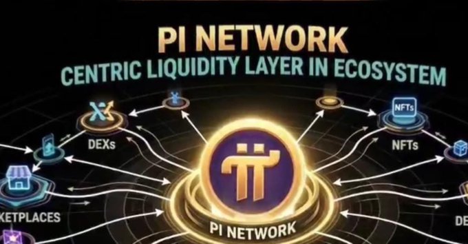 A graphic titled "PI NETWORK: CENTRIC LIQUIDITY LAYER IN ECOSYSTEM" shows the Pi Network logo at the center with arrows radiating outward to connected services like DEXs, NFTs, DEXs, NFTs, and Marketplaces, illustrating Pi's role as a central liquidity hub—which aligns with the post teasing upcoming $PI token burns that would reduce supply within this ecosystem.