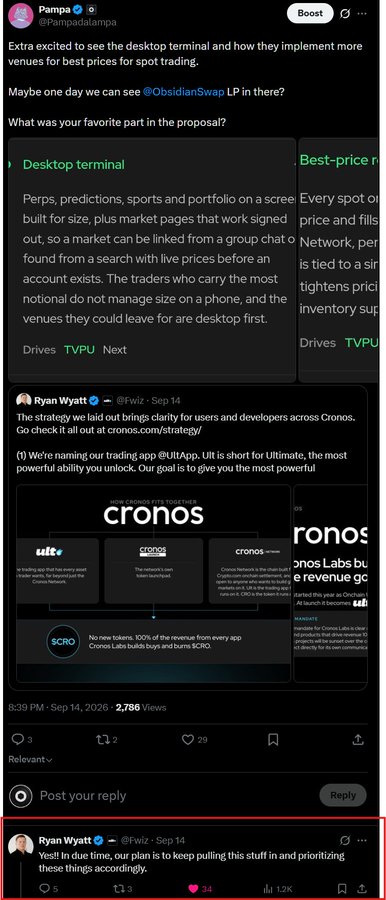 A screenshot of a social media thread from 'Pampa' (@Panpadalampa) discussing a trading app proposal and quoting 'Ryan Wyatt' (@Fwiz) about '#Ult' as the trading app name, showing a graphic titled 'HOW CRONOS FITS TOGETHER' explaining $CRO token utility.