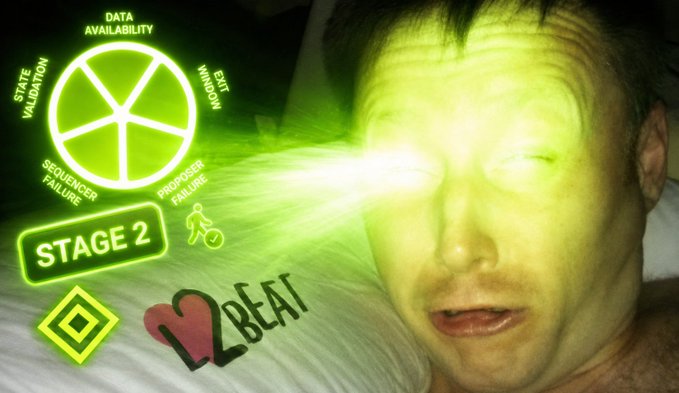 The image shows a man illuminated with green beams shooting from his eyes alongside an Aztec wheel diagram highlighting "STAGE 2" decentralization and text reading "I [heart] 2BEAT." The visual plays on the post's announcement that Aztec has upgraded to v5, reinforcing the meme-worthy achievement of maintaining Stage 2 decentralization while addressing previous vulnerabilities.