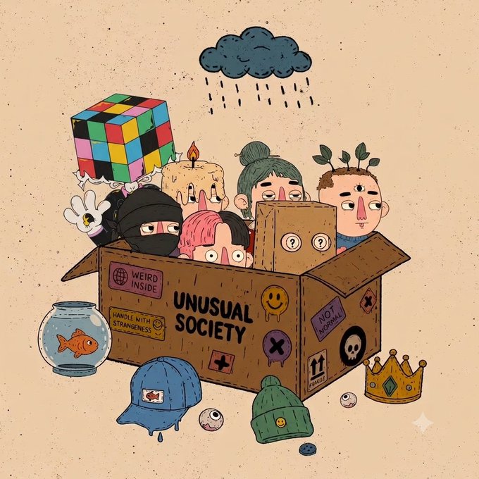 An illustration of a cardboard box labeled 'UNUSUAL SOCIETY' containing several quirky cartoon characters with their heads poking out, surrounded by odd items like a Rubik's cube, a goldfish bowl, eyeballs, and a crown.