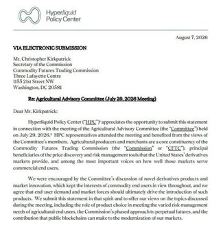 A formal letter on Hyperliquid Policy Center letterhead dated August 7, 2026, addressed to Mr. Christopher Kirkpatrick at the Commodity Futures Trading Commission regarding the Agricultural Advisory Committee meeting.