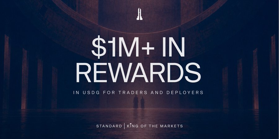 The image is a promotional banner for Standard's Launchpad announcing "$1M+ IN REWARDS" in USDG for traders and deployers, tagged "KING OF THE MARKETS." This visually reinforces the post's point about Standard addressing post-token launch liquidity issues by connecting new tokens to deeper liquidity pools and incentivizing participation through substantial rewards.