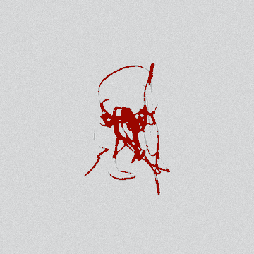 A minimalist red sketch on a white background appears to depict a stick figure or abstract character drawn in a loose, scribbled style.