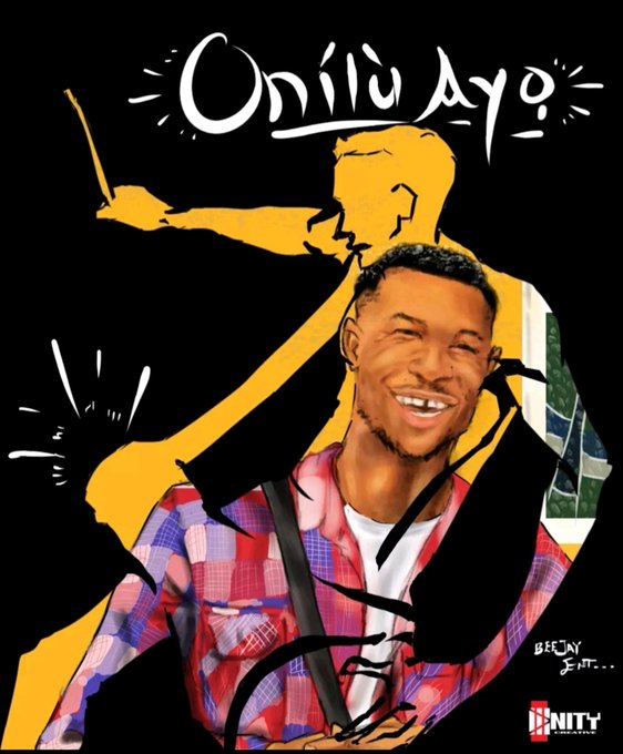 An illustrated poster titled 'Oníìù Ayọ̀' depicts a smiling young man in a plaid jacket, credited to 'BeeJay Ent.' and 'Unity (Records)'.