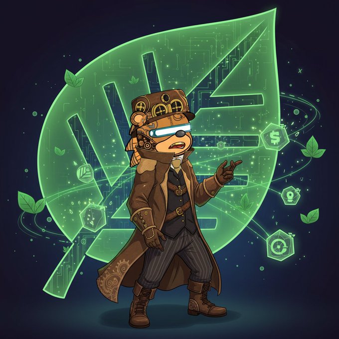 A steampunk-styled man in a brown coat and goggles with glowing white eyes stands in front of a glowing green App-Chain logo, with floating cryptocurrency icons and circuit-like patterns around him—visually echoing the post's message about breaking free from rigid, one-size-fits-all shared chains in favor of customizable infrastructure through Canopy Network (CNPY).