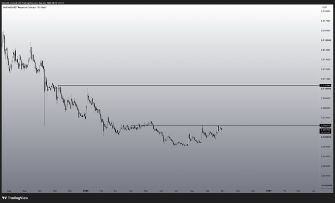 This image shows a SHIB/USDT perpetual contract chart on TradingView, displaying a multi-month downtrend on the daily timeframe with two key horizontal support/resistance lines marked at approximately 0.00001667 and 0.00000925. The chart visually supports the post's message about not fading these two significant technical levels, as price has recently bounced sharply off the lower support line toward the upper resistance level.