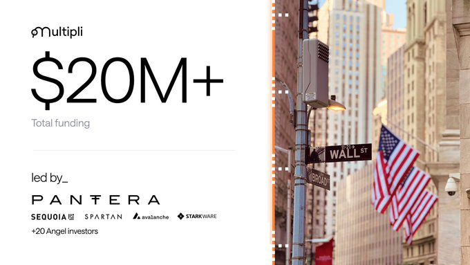 Multipli announces $20M+ total funding led by Pantera, with participation from Sequoia, Spartan, Avalanche, Starkware, and 20+ angel investors, displayed next to a Wall Street street sign.