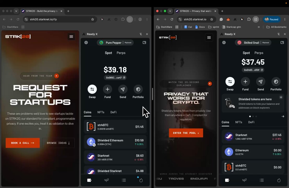 The image shows four different cell phone screens displaying various apps or websites. The first screen displays an app called "Request for Startups", while the other three screens show different apps, such as a cryptocurrency exchange, a payment gateway, and a privacy protection tool. The text on these screens suggests that users can now protect their onchain activity by using this particular app, which offers various features to ensure privacy and security in online transactions or exchanges.