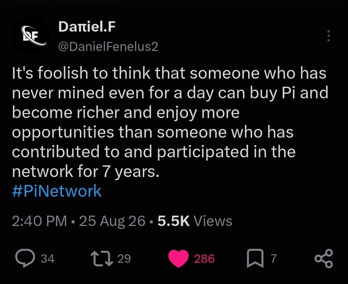 A tweet from Daniel.F (@DanielFenelus2) stating it's foolish to think someone who never mined can buy Pi and get richer than a 7-year contributor, tagged with #PiNetwork. The post gained 5.5K views with 286 likes, 34 replies, 29 retweets, and 7 bookmarks, supporting the claim that Pi Badges and Pi Power will reward long-term participants over newcomers.