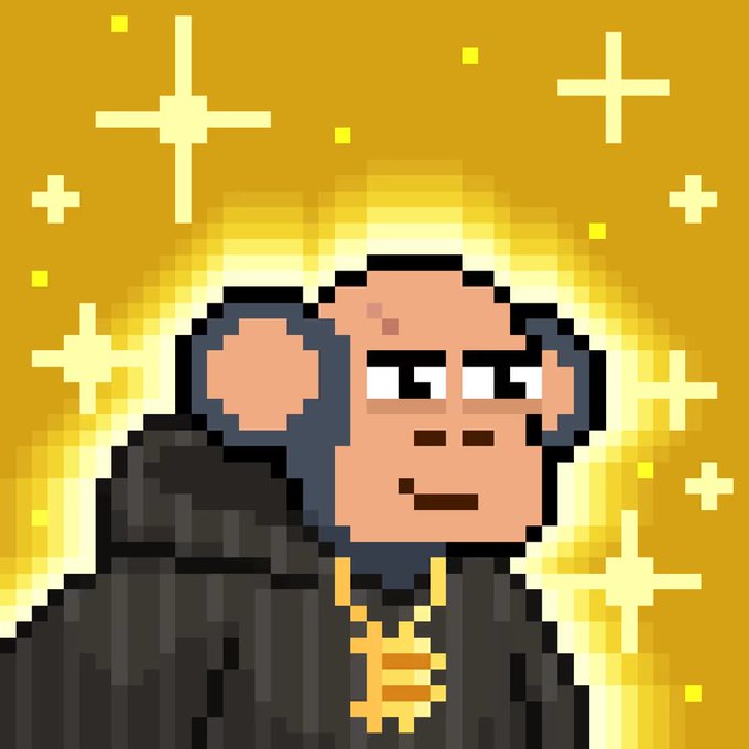 A pixel art NFT-style portrait of a monkey character wearing a black hoodie and a large gold chain or pendant, set against a golden background with glowing cross-shaped sparkles.