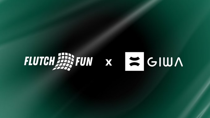 The image shows a collaboration announcement between "FLUTCH FUN" and "GIWA" (by Upbit), with the text "FLUTCH FUN x GIWA" displayed on a dark green flowing background. This appears to be a promotional graphic announcing the partnership between the two platforms in the accompanying "GM" (Good Morning) post.