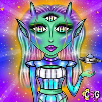 A colorful psychedelic illustration of a three-eyed green alien girl with purple hair holding a small UFO, branded with 'CSG 52'.