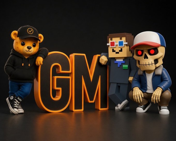 Three stylized 3D characters—a bear in a cap, a pixelated figure with red-blue 3D glasses, and a skeleton in a red-white-blue cap—pose alongside large orange "GM" letters, visually reinforcing the "GM Web3 Happy Sunday!" greeting shared by crypto and NFT communities.