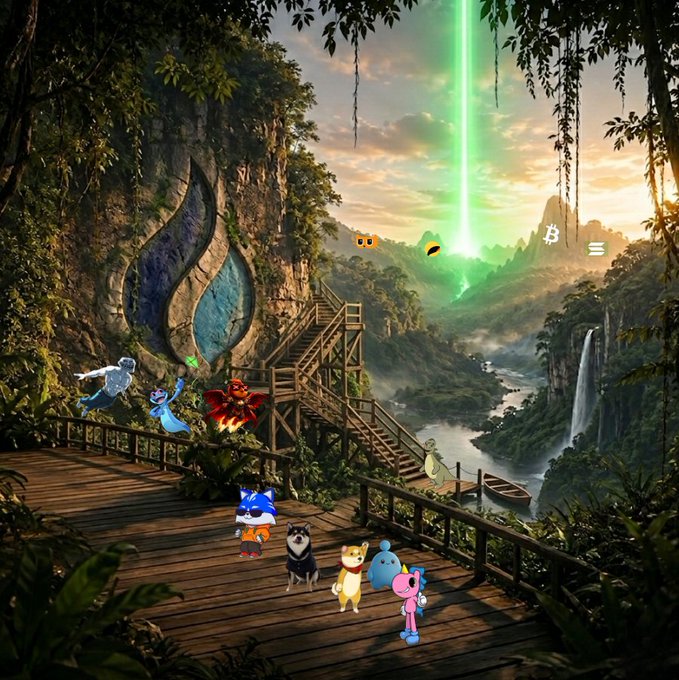 The image features a group of people standing on a wooden deck, with a waterfall visible behind them. There are several characters from popular video games, including a character wearing a blue shirt and an orange hat, as well as other characters dressed in various outfits. The scene is set against a backdrop of trees and mountains, creating a sense of adventure and exploration. The post about the adventurers seems to be related to this image, possibly discussing the characters or their abilities within the context of the video game world.