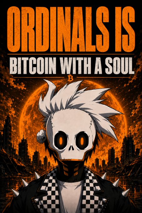 A stylized graphic with the text "ORDINALS IS BITCOIN WITH A SOUL" above an anime-style character with a skull mask and spiky white hair, set against an apocalyptic orange background.