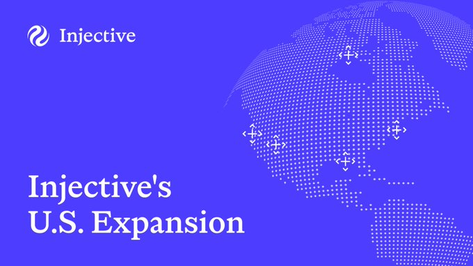 A blue graphic for Injective titled 'Injective's U.S. Expansion' featuring a dotted globe with directional arrows overlaid on the Americas.