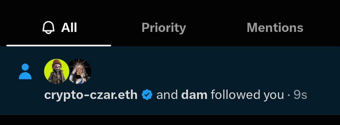 The image shows a Twitter/X notification stating "crypto-czar.eth and dam followed you," which visually confirms that crypto-czar.eth, the "true legend" referenced in the post as a new team member for the LHP project, has now followed the account ahead of the 2-day mint countdown.