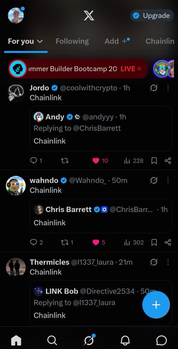 A Twitter/X feed showing posts mentioning Chainlink from accounts including @coolwithcrypto (Jordo), @Wahhdo, and @11337_laura (Thermicles).