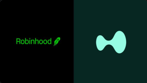 The image displays the Robinhood logo (green text with feather) on a dark background beside the Hyperliquid logo (mint green bowtie-shaped icon), visually representing the two competing DEX platforms whose 24-hour trading volumes are compared in the post.