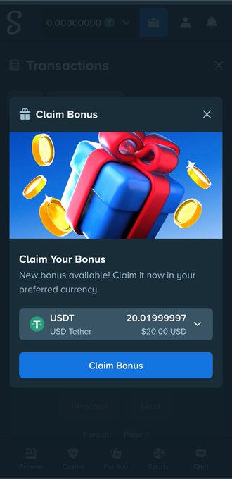 A mobile screenshot of a "Claim Bonus" popup on Stake, showing a 20 USDT ($20.00 USD) reward available to claim, corresponding to the "stimmy" the user received from the platform.