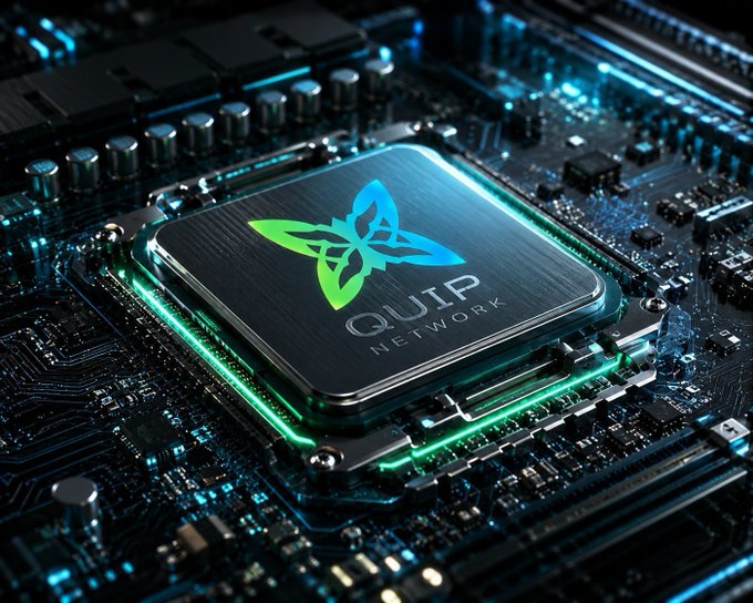 A glowing CPU chip embedded in a circuit board displays the "QUIP NETWORK" logo with a green and blue butterfly emblem, symbolizing the underutilized computing power that Quip Network aims to harness—idle CPUs, GPUs, and QPUs that could be put to smarter use rather than building endless new AI hardware.