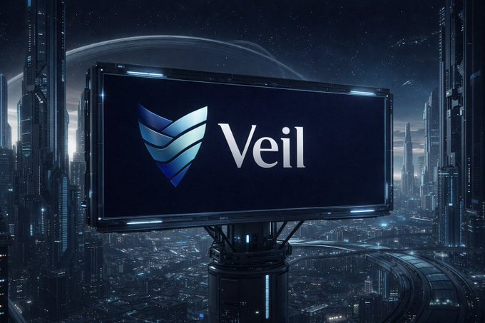 The image features a billboard with the word "VEIL" written on it, which is located in front of a cityscape filled with tall buildings at night. The city lights create an urban atmosphere around the billboard, making it stand out against the dark sky.