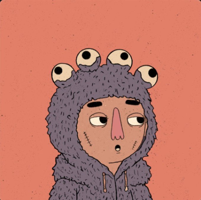 An illustration depicts a tired-looking character wearing a purple hooded monster costume with multiple googly eyes on top, set against a coral-colored background.