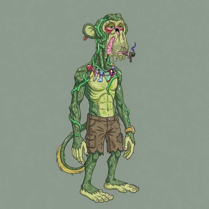 A cartoon character design of a tall, thin, green monkey-like creature with drooping features, smoking a cigarette, wearing tattered brown shorts, a beaded necklace, a gold watch, and a gold earring.