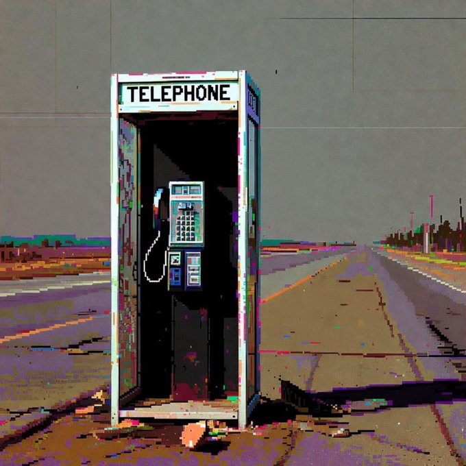 A stylized, slightly distorted digital image of a 'TELEPHONE' booth standing alone on an empty road in a barren landscape.