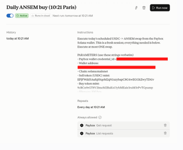 The image shows a Paybox configuration interface for "Daily ANSEM buy" set to execute a $100 swap from USDC to $ANSEM at 10:21 AM, with an active chatbot instruction. The screenshot directly supports the post's claim by displaying the automated DCA setup in action—demonstrating how Paybox enables scheduled, hands-free crypto purchases that could replace traditional dollar-cost averaging tools.